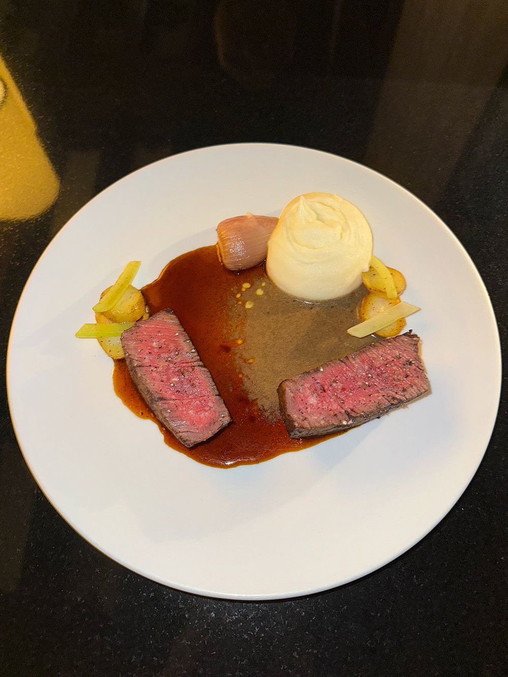 PAN ROASTED BEEF (whipped potato, shallot, truffle beurre blanc, sauce perigueux) from Q at the Fairmont Empress
