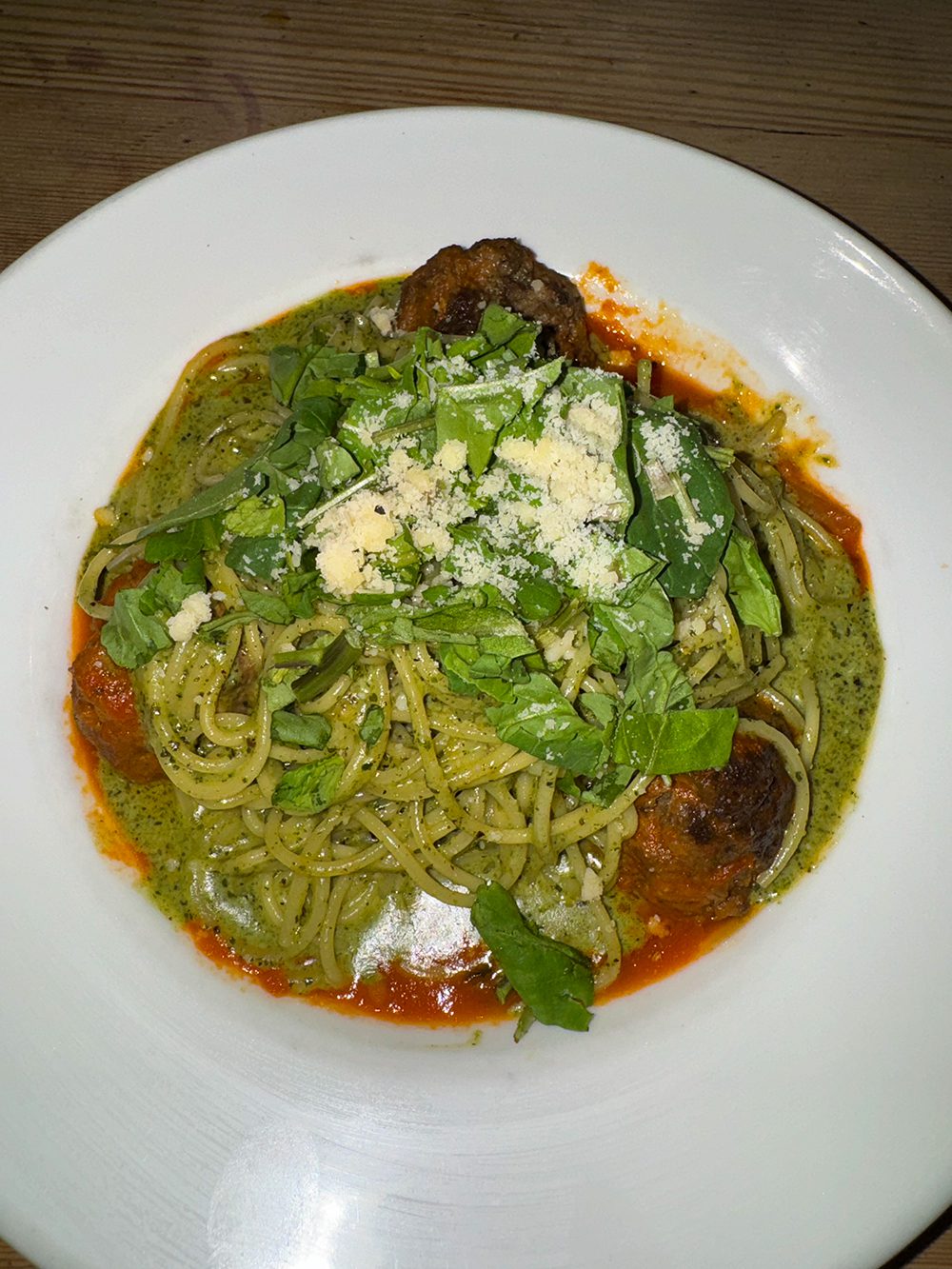 POLPETTE DELLA CASA (House made meatballs topped with pesto spaghetti) at the Il Terrazzo Ristorante, Victoria, BC Canada