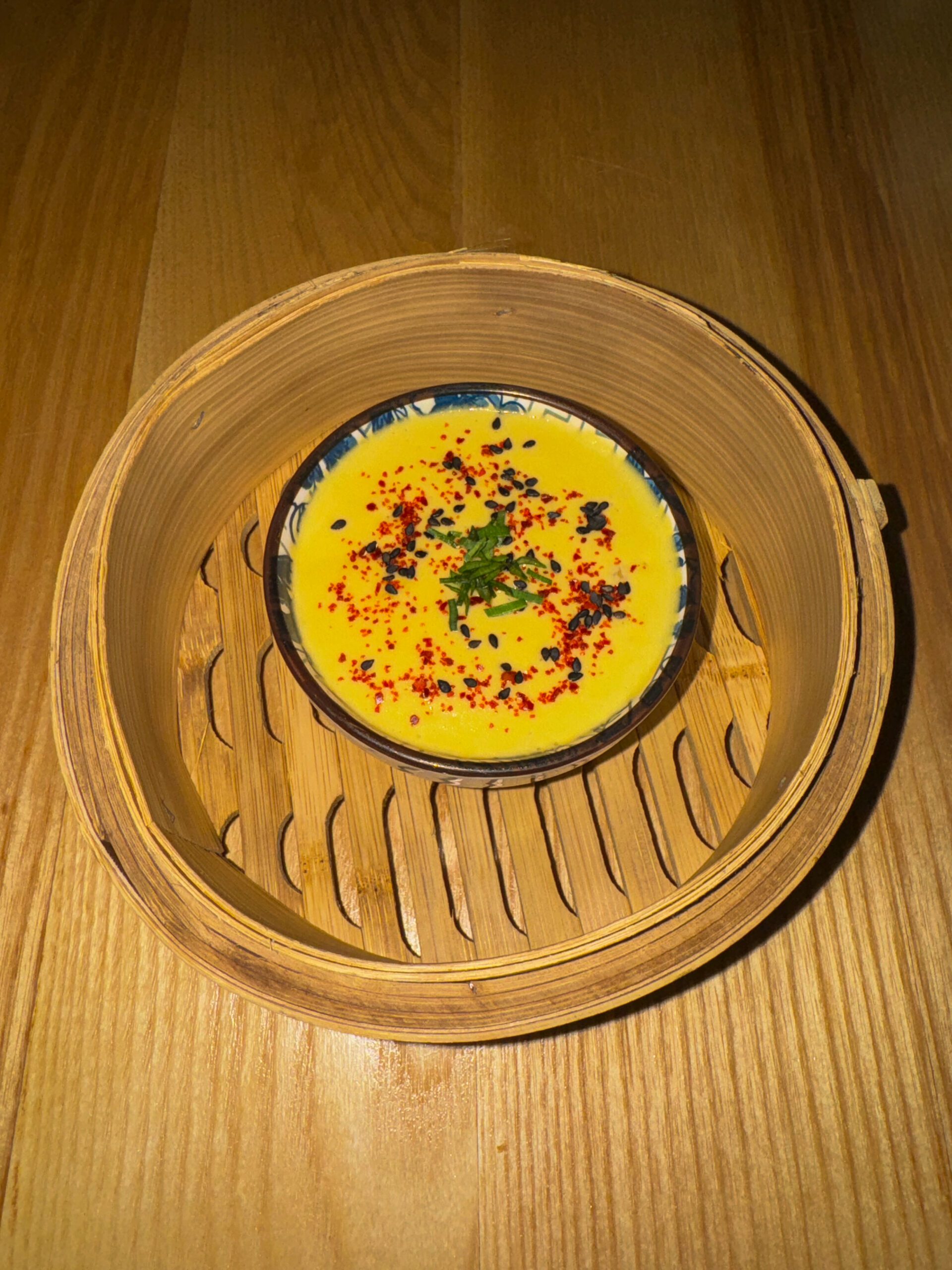 Savoury Shiitake Mushroom Custard (sweet corn, white miso) from The Ugly Duckling, Victoria, British Columbia Canada