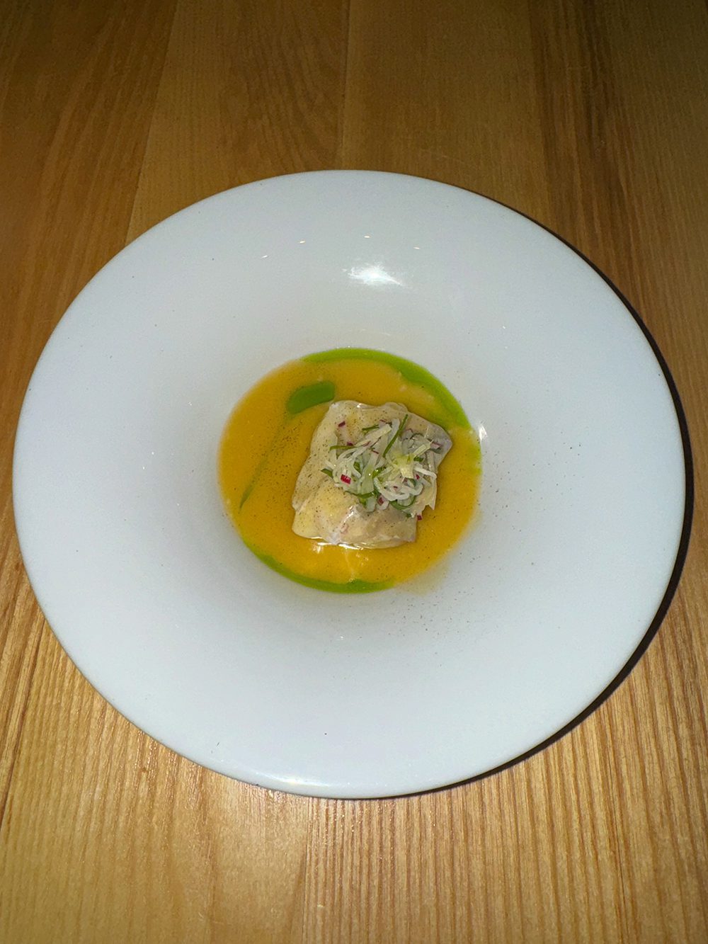 Butter-Poached Pacific Halibut (dashi beurre blanc, scallion, kohlrabi) from The Ugly Duckling, Victoria, British Columbia Canada