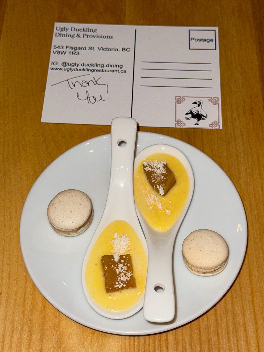 Petits Fours dessert and complimentary thank you postcard from The Ugly Duckling, Victoria, British Columbia Canada