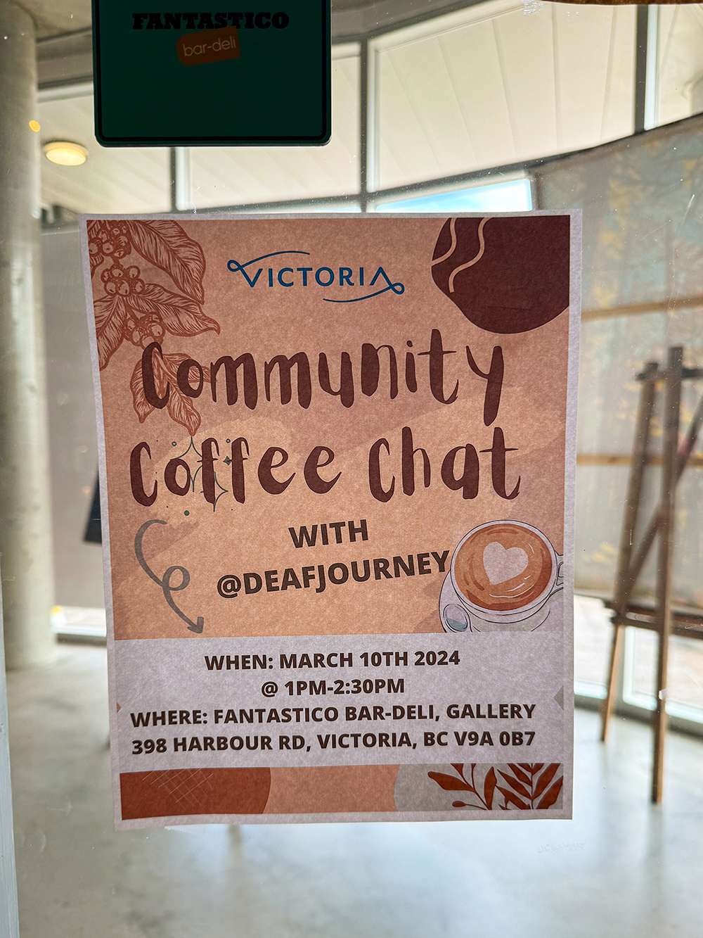Community Chat with @deafjourney AD at the Fantastico bar-deli, Victoria, BC